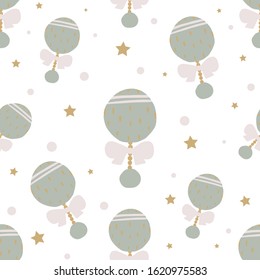 Bright baby seamless pattern with newborn toy and stars