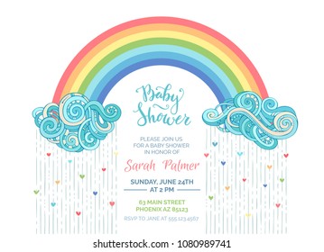 Bright Baby Shower invitation. Clouds and colourful rainbow on white background. Colored hearts. Vector template.