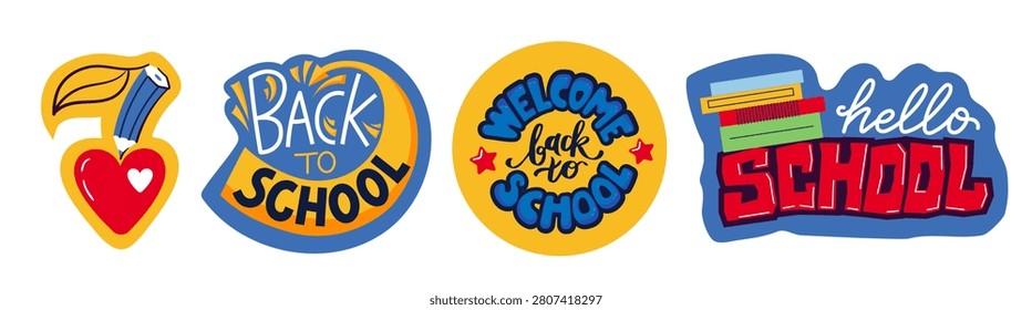 Bright back to school sticker set featuring colorful badges, hand-drawn lettering phrases, books, a pencil, and hearts. Perfect for autumn student planners, teacher resources, and youth designs