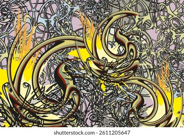 Bright backdrop with spiral and butterfly wings elements for interior solutions or fabrics. Chaotic ornamental motifs for covers, prints on T-shirts, tiles, fashion trends, textiles or dynamic posters