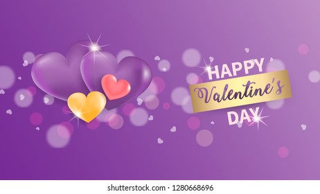 Bright background with 3D hearts and bokeh. Cute background with hearts for Valentine's day. Concept for greeting card or banner.