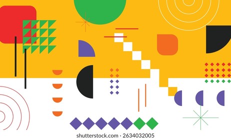 Bright background with abstract vector shapes in green, red, purple, and yellow on orange-white. Great for creative design content.