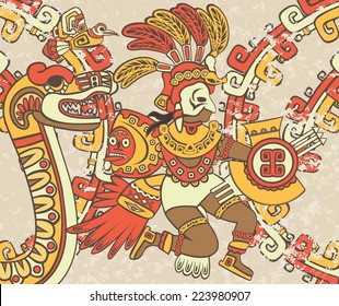 Bright background in the Aztec style, Quetzalcoatl, the feathered serpent and bird