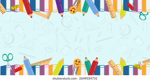 Bright  Background, Banner with colorful school supplies like pencils, books, rulers, and scissors on a light blue backdrop. Ideal for educational materials, packaging, and kids’ designs.