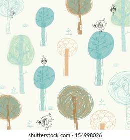 Bright background with the birds and trees. Cartoon summer forest in graphic style.