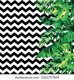 Heller Hintergrund mit geometrischen Schwarz-Weiß-Ornamenten und tropischen Blättern darauf