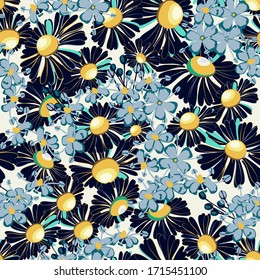 Bright background with chamomile flower and small wildflowers. Vector floral seamless pattern.
