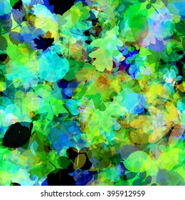 Bright background of colored large leaves. Oak leaves, aspen, maple, alder. Lying leaves of trees and shrubs are mixed randomly. Vector. Easy editable. The effect of blur and watercolors.