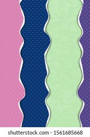 Bright background from colored pieces of paper torn around the edges, polka dots. Creative abstract waves. Template for your design. Vector illustration