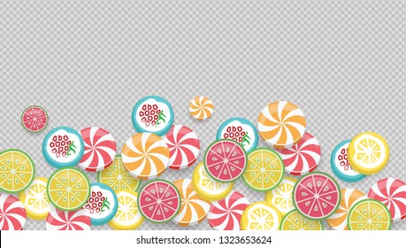 Bright background with colorful candies. Top view with space for your greetings