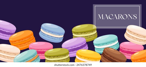 Bright background with colorful macarons dessert on purple background with label.