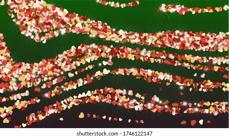 Fondo brillante con confetti de partículas brillantes. Día de San Valentín. Patrón de aniversario. Puntos de luz. Explosión de Confetti. Ilustración del vector de brillo. Diseño de afiche.