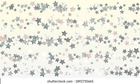 Heller Hintergrund mit Confetti von Glitter Star Particles. Frische Lichter Textur. Neujahrsmuster. Lichtpunkte. Sternstaub. Christmasse Design. Explosion von Confetti. Design für die Einladung.