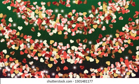 Bright Background with Confetti of Hearts Glitter Particles. St. Valentine Day. Disco pattern. Light Spots. Explosion of Confetti. Glitter Vector Illustration. Design for Card.