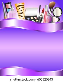 bright background with cosmetics: eyeshadow, mascara, lipstick, nail Polish, perfume