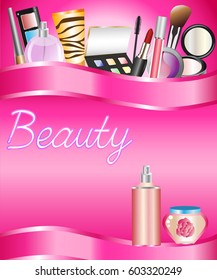 bright background with cosmetics: eyeshadow, mascara, lipstick, nail Polish, perfume