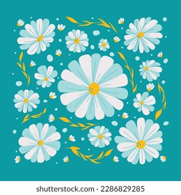 Bright background with cute hand drawn flowers on green. Perfect composition for textile print or making greeting cards. 