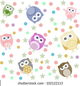 Bright background with cute owls, stars, circles. Seamless pattern