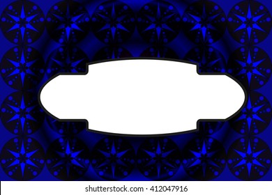 Bright background with dark blue circle gradient. Filled with seamless ornaments of various complex patterns. Box for text. Vector illustration. For design, presentations, backgrounds