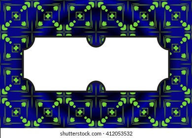 Bright background with dark blue circle gradient. Filled with seamless ornaments of various complex patterns. Box for text. Vector illustration. For design, presentations, backgrounds
