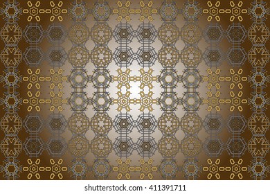 Bright background with dark brown gradient. Filled with ornaments of various complex patterns of gold and silver color.  Vector illustration. For design, presentations,