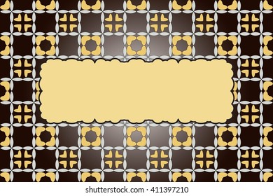 Bright background with dark brown gradient. Filled with seamless ornaments of various complex patterns. Box for text. Vector illustration. For design, presentations, backgrounds