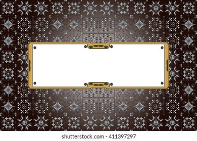 Bright background with dark brown gradient. Filled with seamless ornaments of various complex patterns. Box for text. Vector illustration. For design, presentations, backgrounds