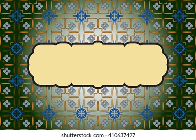 Bright background with dark green gradient. Filled with seamless ornaments of various complex patterns of gold and silver color. Box for text. Vector illustration. For design, presentations, 