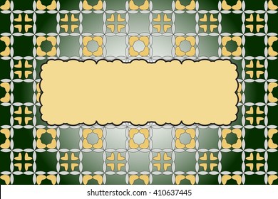 Bright background with dark  green gradient. Filled with seamless ornaments of various complex patterns of gold and silver color. Box for text. Vector illustration. For design, presentations,