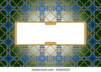 Bright background with dark green gradient. Filled with seamless ornaments of various complex patterns of gold and silver color. Box for text. Vector illustration. For design, presentations, 