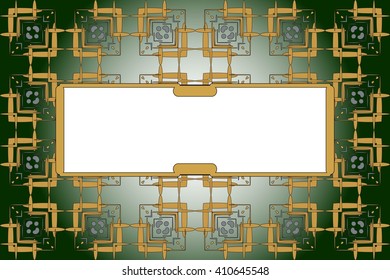 Bright background with dark  green gradient. Filled with seamless ornaments of various complex patterns of gold and silver color. Box for text. Vector illustration. For design, presentations