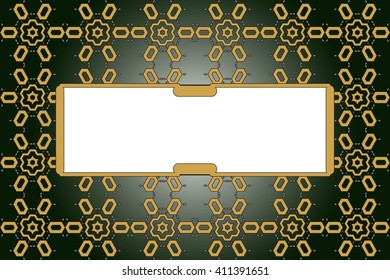 Bright background with dark green gradient. Filled with ornaments of various complex patterns. Box for text. Vector illustration. For design, presentations, backgrounds