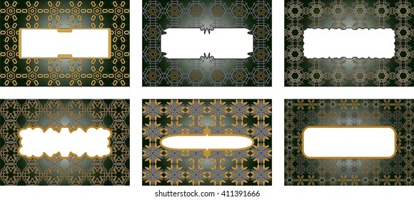 Bright background with dark green gradient. Filled with ornaments of various complex patterns. Box for text. Vector illustration. For design, presentations, backgrounds