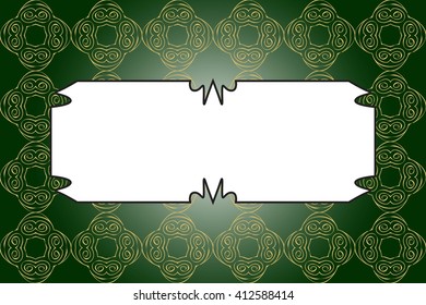 Bright background with dark green gradient. Filled with gold ornaments of various complex patterns. Box for text. Vector illustration. For design, presentations, backgrounds