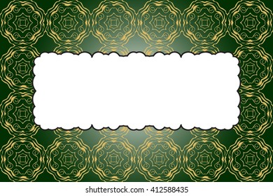 Bright background with dark green gradient. Filled with gold ornaments of various complex patterns. Box for text. Vector illustration. For design, presentations, backgrounds