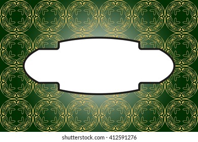 Bright background with dark green gradient. Filled with gold ornaments of various complex patterns. Box for text. Vector illustration. For design, presentations, backgrounds