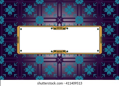 Bright background with dark purple gradient. Filled with seamless ornaments of various complex patterns. Box for text. Vector illustration. For design, presentations, backgrounds