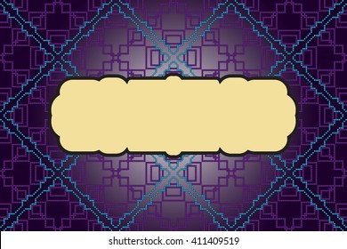 Bright background with dark purple gradient. Filled with seamless ornaments of various complex patterns. Box for text. Vector illustration. For design, presentations, backgrounds