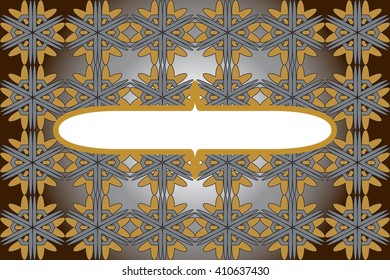 Bright background with dark yellow gradient. Filled with ornaments of various complex patterns of gold and silver color. Box for text. Vector illustration. For design, presentations, backgrounds