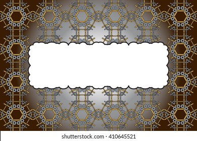 Bright background with dark yellow gradient. Filled with ornaments of various complex patterns of gold and silver color. Box for text. Vector illustration. For design, presentations, backgrounds