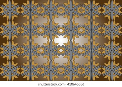 Bright background with dark yellow gradient. Filled with ornaments of various complex patterns of gold and silver color.  Vector illustration. For design, presentations,