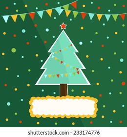 bright background with decorated Christmas tree with toys and flags in the background and a sign for text
