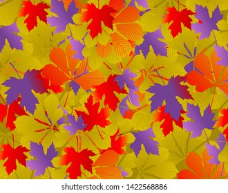 Bright background of fallen leaves red, yellow and purple.
