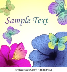 Bright background with flowers and butterflies