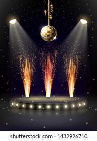 Bright background for flyer, banner, advertisement, invitation to disco night party. Scene illuminated by spotlights with fiery fountains, fireworks and disco ball