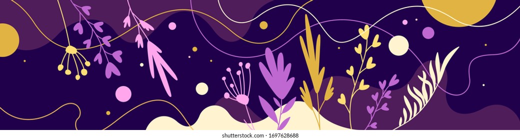 Bright background with geometric shapes and leaves. Vector illustration.