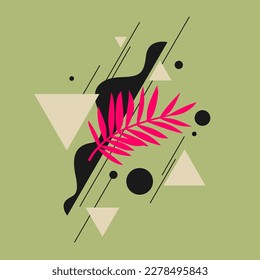Bright background with geometric shapes and tropical leaves.