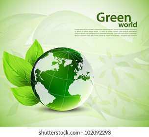 Bright background with globe and green leaves