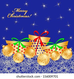 Bright background with gold gift boxes and spheres in snow and wish of Merry Christmas (eps10)