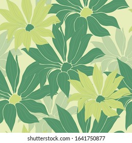 Bright background with green flowers. Vector geometric seamless pattern for fabric and tile.